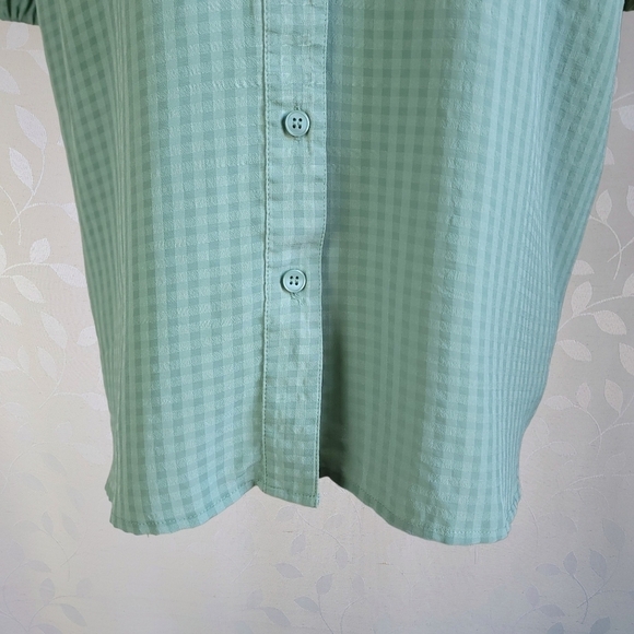 Ann Taylor Gingham Pattern Shirred Ruffle Puff Sleeve Prairie Top Sage Green M - Picture 5 of 12